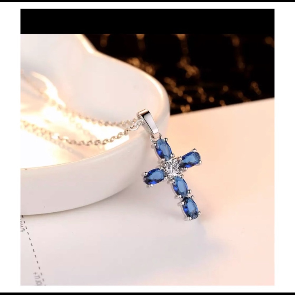 Sapphire Cross Pendant Necklace - Picture 2 of 4